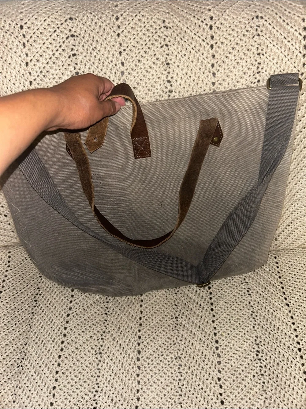 Barbour Gray Canvas Duffel Tote with Brown Leather Handles